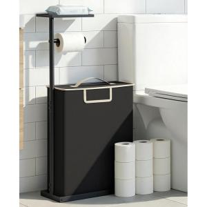 Freestanding Toilet Paper Holder Stand with Shelf for Up to 12 Rolls,Rustproof Metal Bathroom Toilet Paper Storage with Lid, All-in-One Toilet Tissue Roll Dispenser and Organizer,Gray(Black)