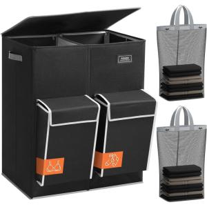 SOLEDI Double Laundry Hamper with Lid, 47.8 Gal (180L) Large Laundr Basket 2 Section with 2 Side Pockets, Dirty Clothes Hamper with Removable Bag, Easy to Carry for Laundry Room, Bedroom, Light taupe(Black)