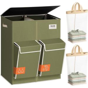 SOLEDI Double Laundry Hamper with Lid, 47.8 Gal (180L) Large Laundr Basket 2 Section with 2 Side Pockets, Dirty Clothes Hamper with Removable Bag, Easy to Carry for Laundry Room, Bedroom, Light taupe(Avocado)