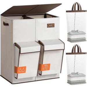 SOLEDI Double Laundry Hamper with Lid, 47.8 Gal (180L) Large Laundr Basket 2 Section with 2 Side Pockets, Dirty Clothes Hamper with Removable Bag, Easy to Carry for Laundry Room, Bedroom, Light taupe(Beige)
