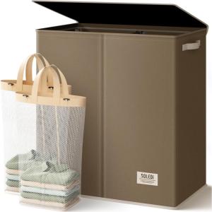 SOLEDI Double Laundry Hamper with Lid and Removable bag, Large Laundry Basket 2 Section with handles, Collapsible Dirty Clothes Hampers for Laundry, Bedroom, Dorm, College(Chocolate Brown)