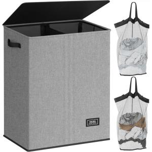 SOLEDI Double Laundry Hamper with Lid and Removable bag, Large Laundry Basket 2 Section with handles, Collapsible Dirty Clothes Hampers for Laundry, Bedroom, Dorm, College(Grey)