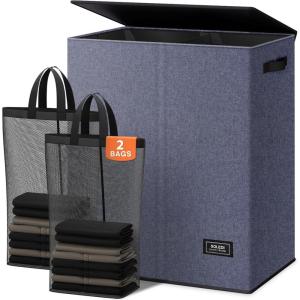 SOLEDI Double Laundry Hamper with Lid and Removable bag, Large Laundry Basket 2 Section with handles, Collapsible Dirty Clothes Hampers for Laundry, Bedroom, Dorm, College(Navy blue)
