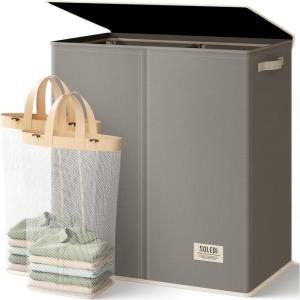 SOLEDI Double Laundry Hamper with Lid and Removable bag, Large Laundry Basket 2 Section with handles, Collapsible Dirty Clothes Hampers for Laundry, Bedroom, Dorm, College(Concrete Gray)