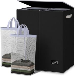 SOLEDI Double Laundry Hamper with Lid and Removable bag, Large Laundry Basket 2 Section with handles, Collapsible Dirty Clothes Hampers for Laundry, Bedroom, Dorm, College(Black)