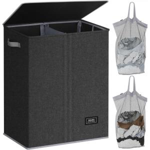 SOLEDI Double Laundry Hamper with Lid and Removable bag, Large Laundry Basket 2 Section with handles, Collapsible Dirty Clothes Hampers for Laundry, Bedroom, Dorm, College(Dark Grey)