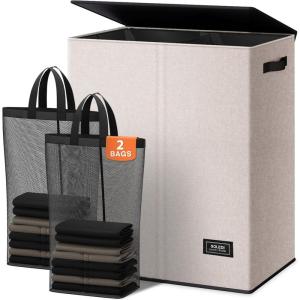 SOLEDI Double Laundry Hamper with Lid and Removable bag, Large Laundry Basket 2 Section with handles, Collapsible Dirty Clothes Hampers for Laundry, Bedroom, Dorm, College(Beige)