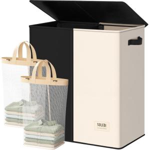 SOLEDI Double Laundry Hamper with Lid and Removable bag, Large Laundry Basket 2 Section with handles, Collapsible Dirty Clothes Hampers for Laundry, Bedroom, Dorm, College(Black/Beige)