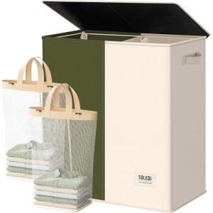 SOLEDI Double Laundry Hamper with Lid and Removable bag, Large Laundry Basket 2 Section with handles, Collapsible Dirty Clothes Hampers for Laundry, Bedroom, Dorm, College(Avocado Green/Beige)