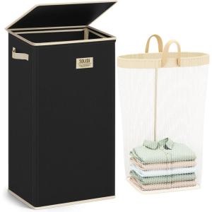 SOLEDI Laundry Hamper with Lid 100L Large & Tall Collapsible Laundry Basket, Clothes Hamper with Bag Removable Easy to Carry, Dirty Hampers for Bedroom, Bathroom, Dorm, College, Grey(Pitch Black)