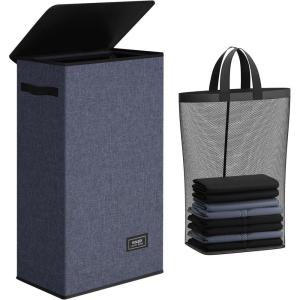 SOLEDI Laundry Hamper with Lid 100L Large & Tall Collapsible Laundry Basket, Clothes Hamper with Bag Removable Easy to Carry, Dirty Hampers for Bedroom, Bathroom, Dorm, College, Grey(Navy Blue)