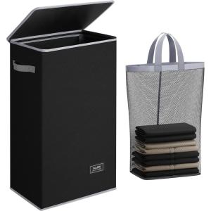 SOLEDI Laundry Hamper with Lid 100L Large & Tall Collapsible Laundry Basket, Clothes Hamper with Bag Removable Easy to Carry, Dirty Hampers for Bedroom, Bathroom, Dorm, College, Grey(Black)