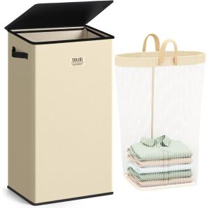 SOLEDI Laundry Hamper with Lid 100L Large & Tall Collapsible Laundry Basket, Clothes Hamper with Bag Removable Easy to Carry, Dirty Hampers for Bedroom, Bathroom, Dorm, College, Grey(Beige)