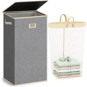 SOLEDI Laundry Hamper with Lid 100L Large & Tall Collapsible Laundry Basket, Clothes Hamper with Bag Removable Easy to Carry, Dirty Hampers for Bedroom, Bathroom, Dorm, College, Grey(Light Grey)