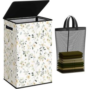 SOLEDI Laundry Hamper with Lid 100L Large & Tall Collapsible Laundry Basket, Clothes Hamper with Bag Removable Easy to Carry, Dirty Hampers for Bedroom, Bathroom, Dorm, College, Grey(Beige and flower)