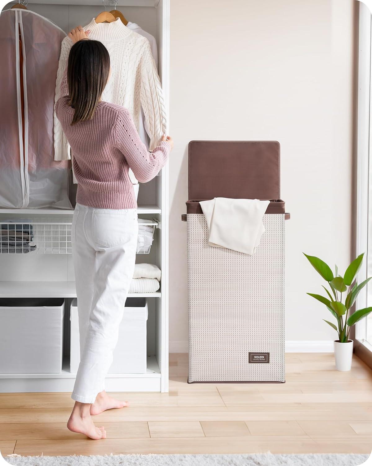 imageSOLEDI 100L Laundry Hamper with Lid Laundry Basket Textilene Waterproof and Durable Clothes Hamper with Bag Removable Easy to Carry Dirty Hamper for Bedroom Bathroom Dorm College Apartment