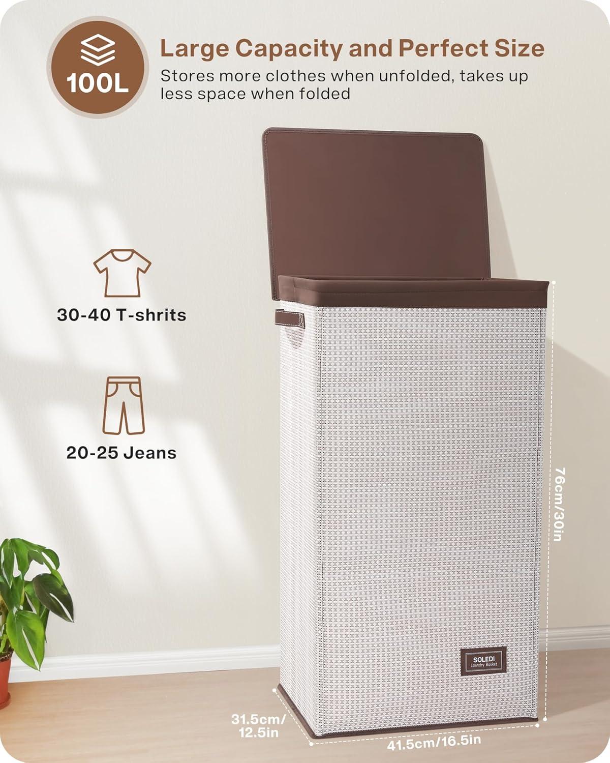 imageSOLEDI 100L Laundry Hamper with Lid Laundry Basket Textilene Waterproof and Durable Clothes Hamper with Bag Removable Easy to Carry Dirty Hamper for Bedroom Bathroom Dorm College Apartment