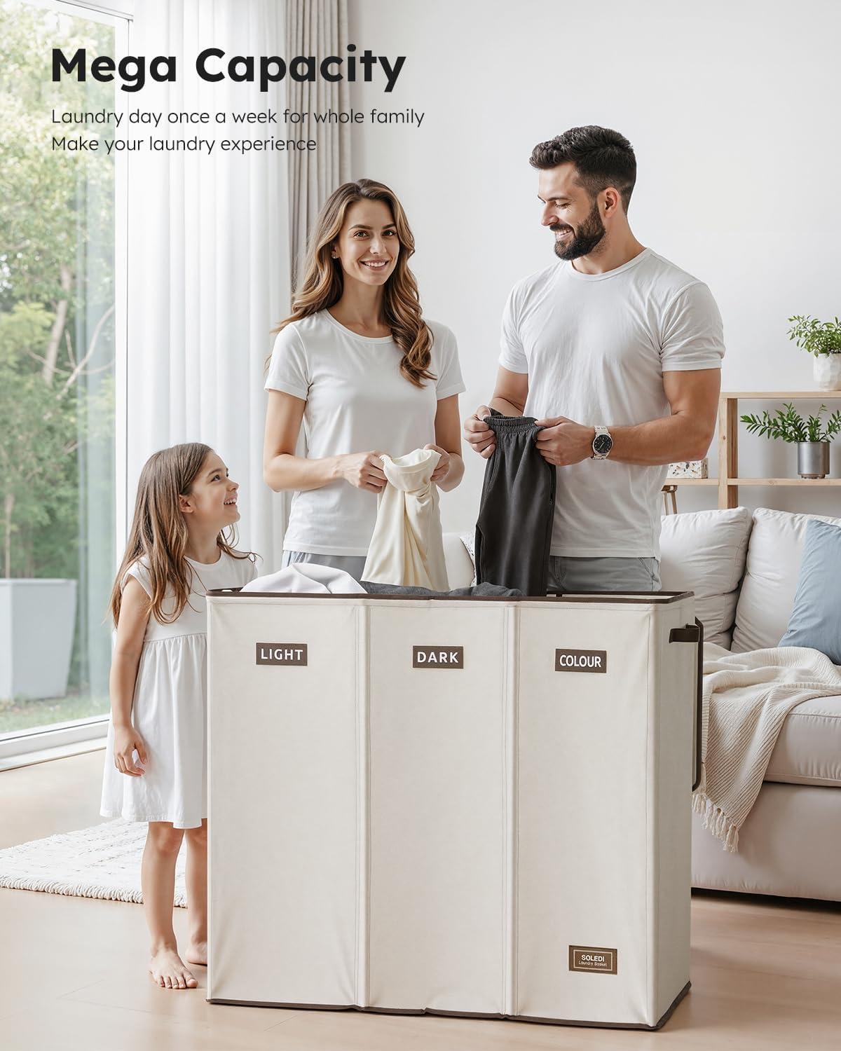 imageSOLEDI 180L Laundry Hamper 3 Section Extra Large Laundry Hamper with Lid Dirty Clothes Hamper with Sturdy Handle Large Laundry Basket Organizer for Laundry Room Bedroom Hampers for LaundryOffwhite