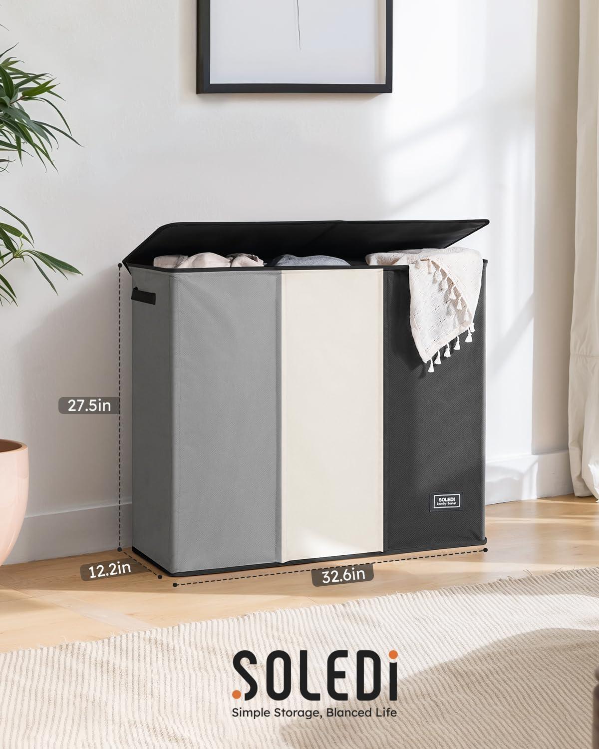imageSOLEDI 180L Laundry Hamper 3 Section Extra Large Laundry Hamper with Lid Dirty Clothes Hamper with Sturdy Handle Large Laundry Basket Organizer for Laundry Room Bedroom Hampers for LaundryBlackWhiteGrey