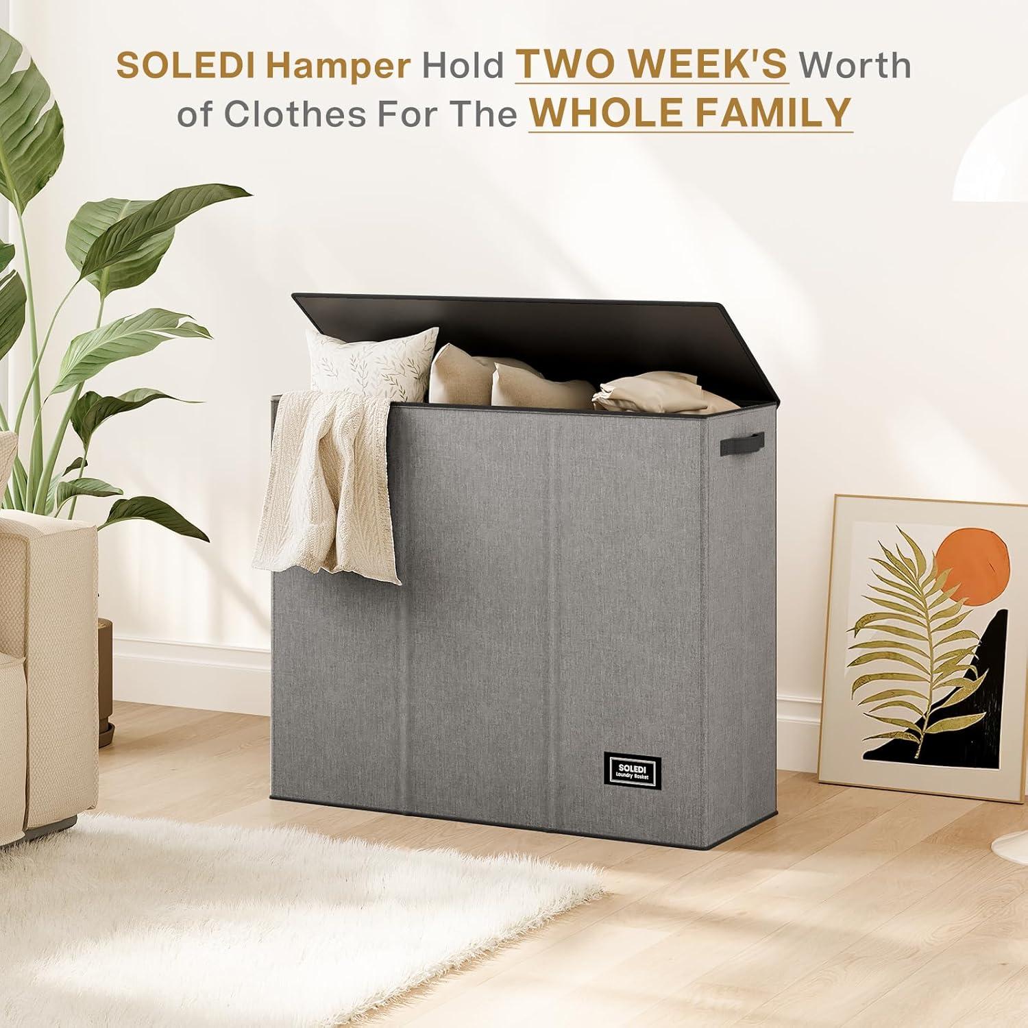 imageSOLEDI 180L Laundry Hamper 3 Section Extra Large Laundry Hamper with Lid Dirty Clothes Hamper with Sturdy Handle Large Laundry Basket Organizer for Laundry Room Bedroom Hampers for LaundryGrey