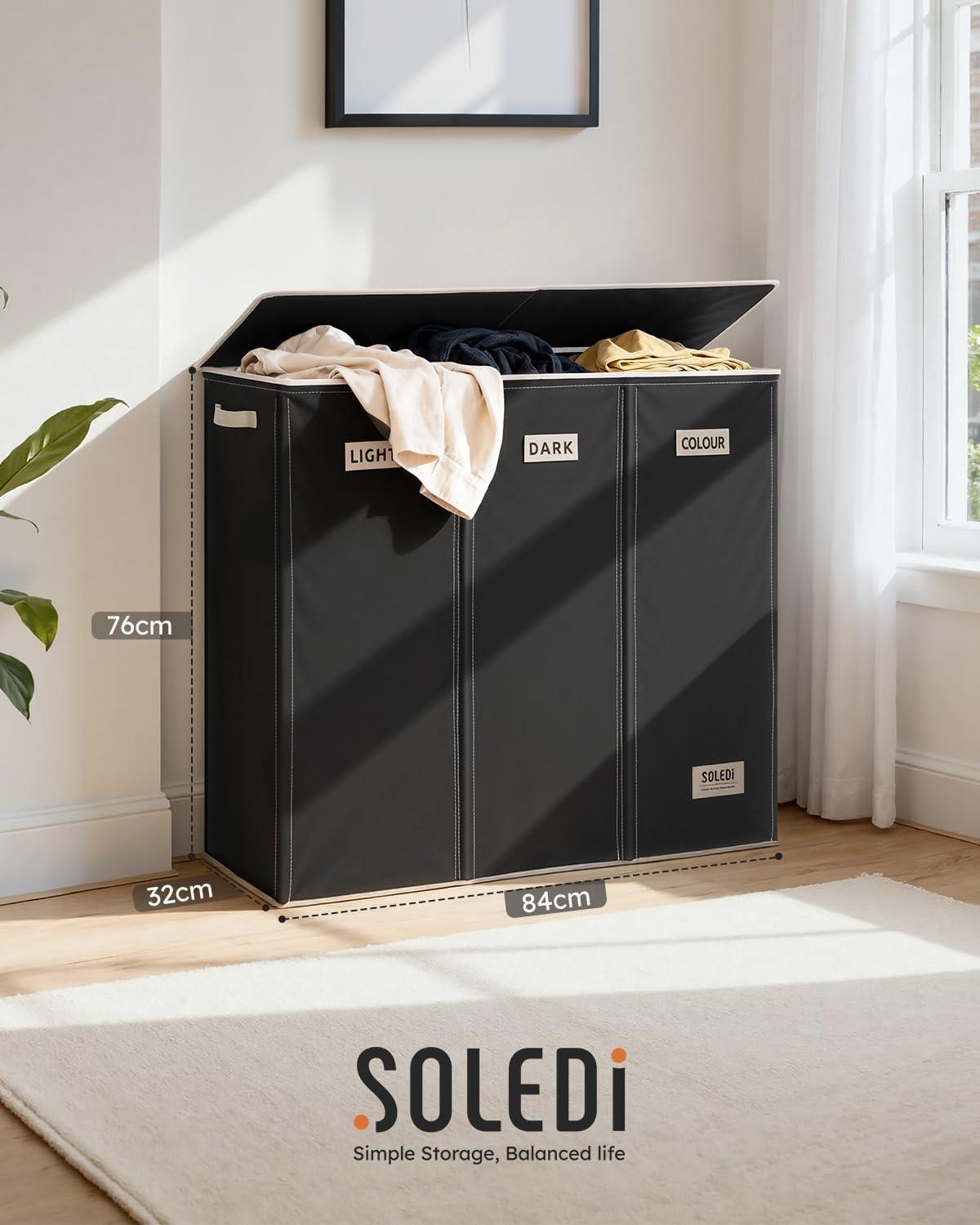imageSOLEDI 180L Laundry Hamper 3 Section Extra Large Laundry Hamper with Lid Dirty Clothes Hamper with Sturdy Handle Large Laundry Basket Organizer for Laundry Room Bedroom Hampers for LaundryBlack