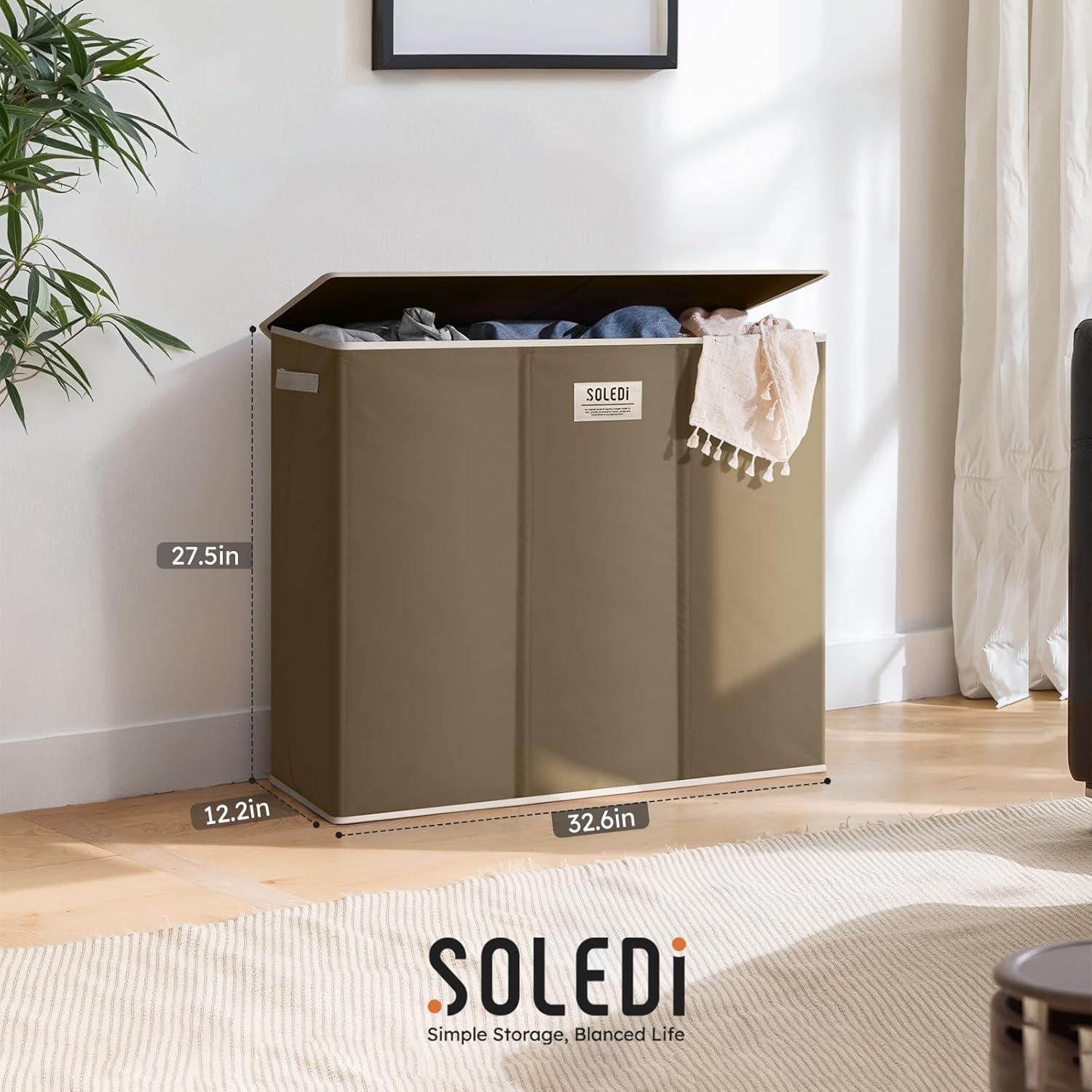 imageSOLEDI 180L Laundry Hamper 3 Section Extra Large Laundry Hamper with Lid Dirty Clothes Hamper with Sturdy Handle Large Laundry Basket Organizer for Laundry Room Bedroom Hampers for LaundryChocolate Brown