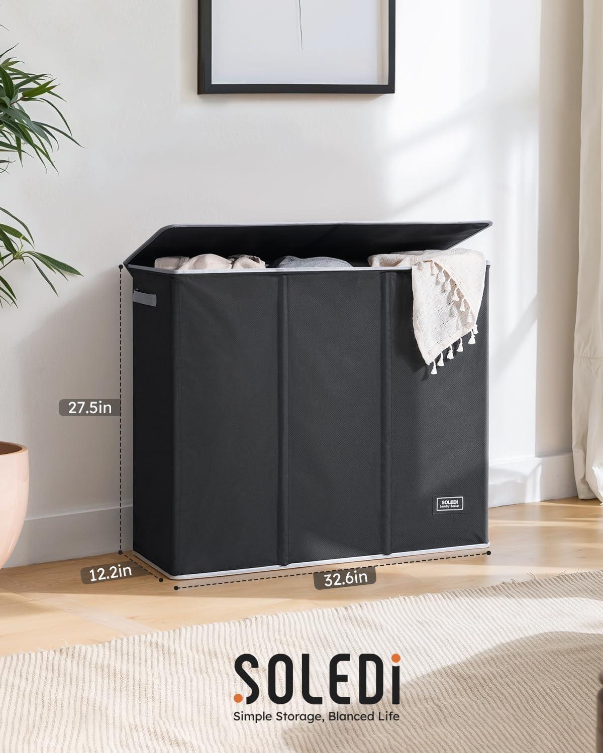 imageSOLEDI 180L Laundry Hamper 3 Section Extra Large Laundry Hamper with Lid Dirty Clothes Hamper with Sturdy Handle Large Laundry Basket Organizer for Laundry Room Bedroom Hampers for LaundryBlack