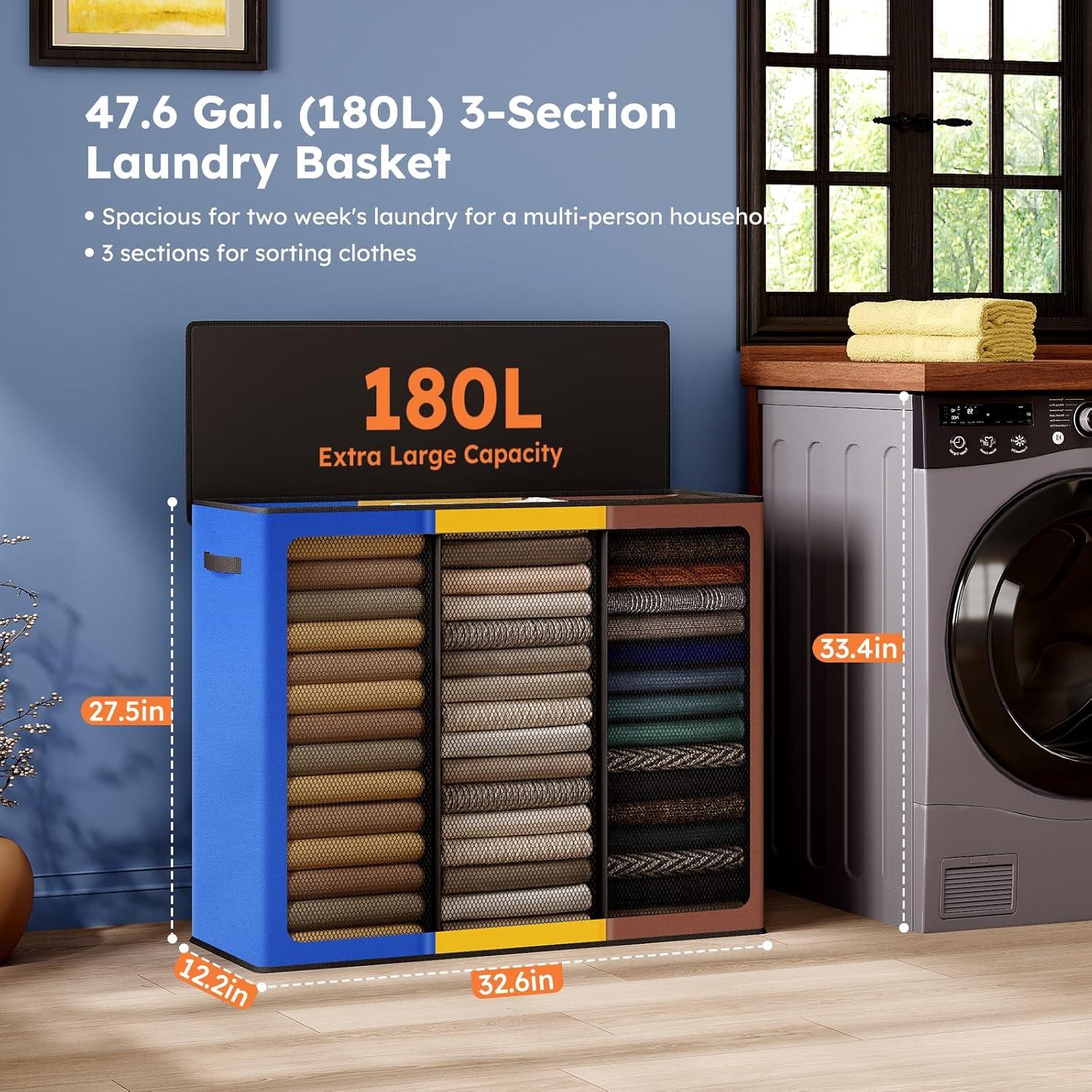 imageSOLEDI 180L Laundry Hamper 3 Section Extra Large Laundry Hamper with Lid Dirty Clothes Hamper with Sturdy Handle Large Laundry Basket Organizer for Laundry Room Bedroom Hampers for LaundryBlueYellowBrown