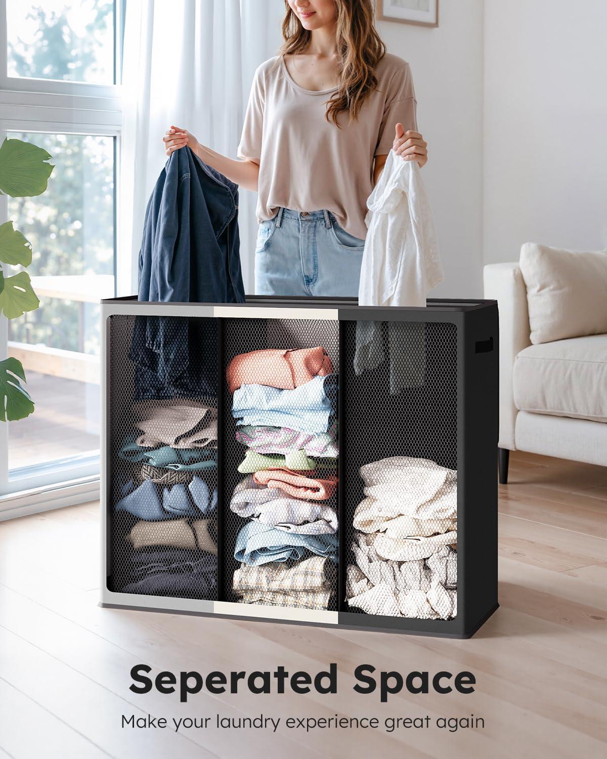 imageSOLEDI 180L Laundry Hamper 3 Section Extra Large Laundry Hamper with Lid Dirty Clothes Hamper with Sturdy Handle Large Laundry Basket Organizer for Laundry Room Bedroom Hampers for LaundryBlackWhiteGrey