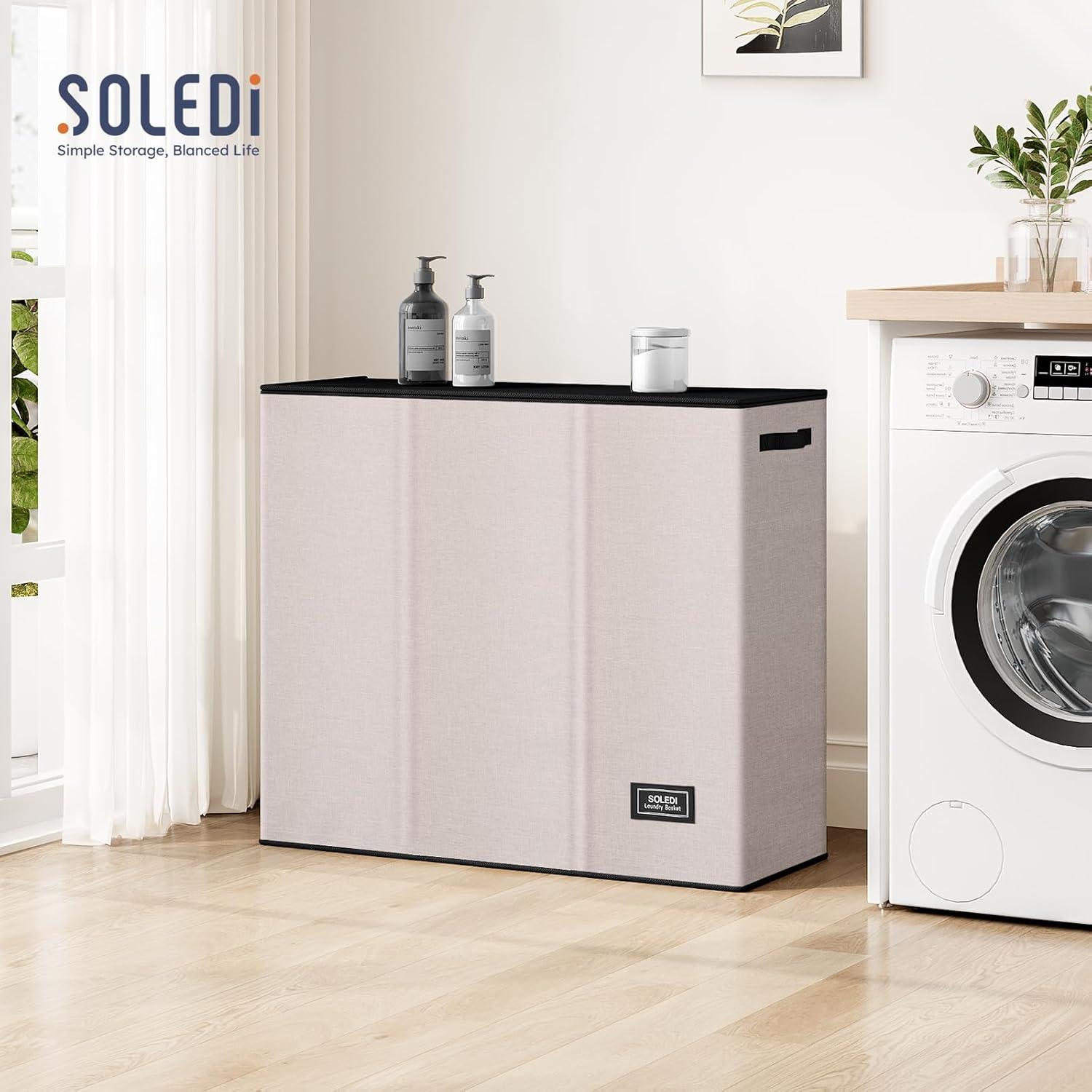 imageSOLEDI 180L Laundry Hamper 3 Section Extra Large Laundry Hamper with Lid Dirty Clothes Hamper with Sturdy Handle Large Laundry Basket Organizer for Laundry Room Bedroom Hampers for LaundryBeige