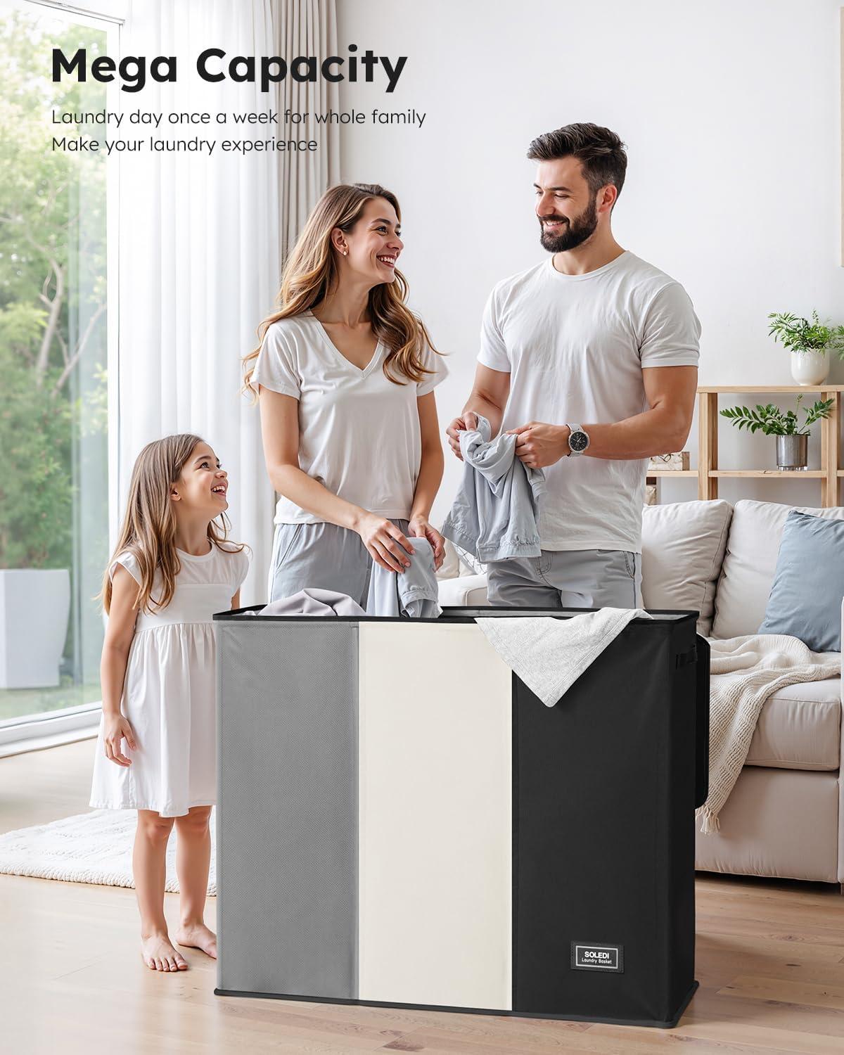imageSOLEDI 180L Laundry Hamper 3 Section Extra Large Laundry Hamper with Lid Dirty Clothes Hamper with Sturdy Handle Large Laundry Basket Organizer for Laundry Room Bedroom Hampers for LaundryBlackWhiteGrey