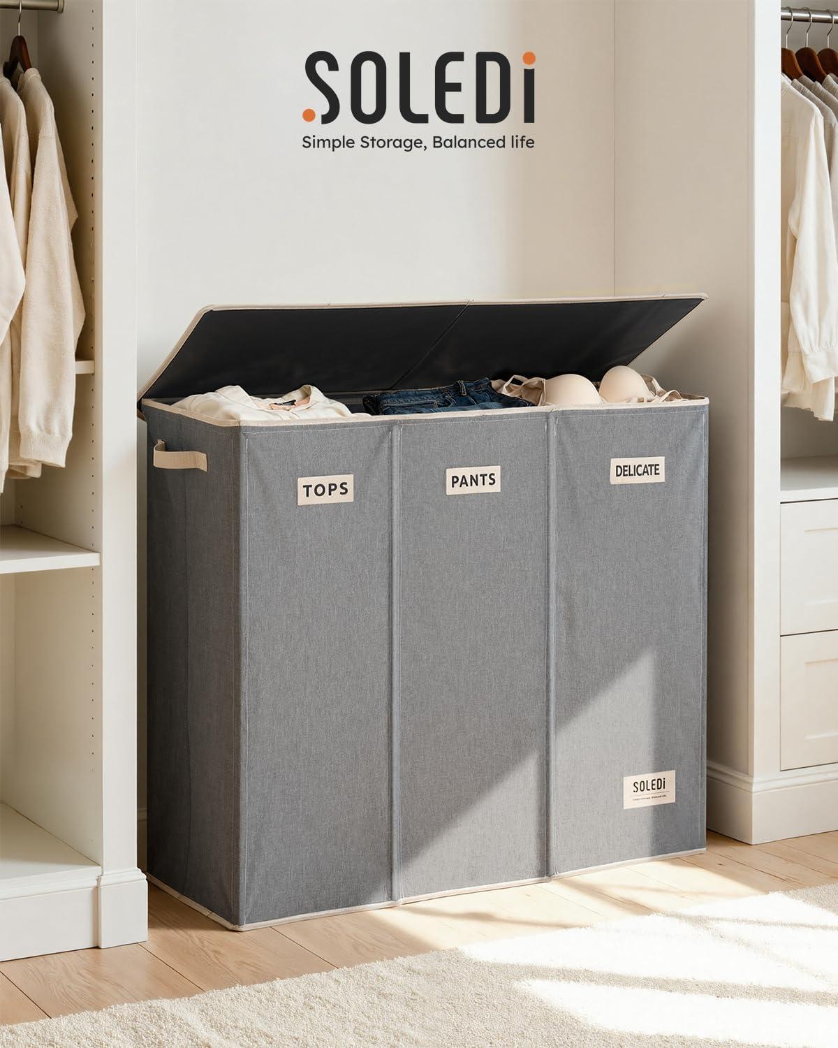 imageSOLEDI 180L Laundry Hamper 3 Section Extra Large Laundry Hamper with Lid Dirty Clothes Hamper with Sturdy Handle Large Laundry Basket Organizer for Laundry Room Bedroom Hampers for LaundryGrey