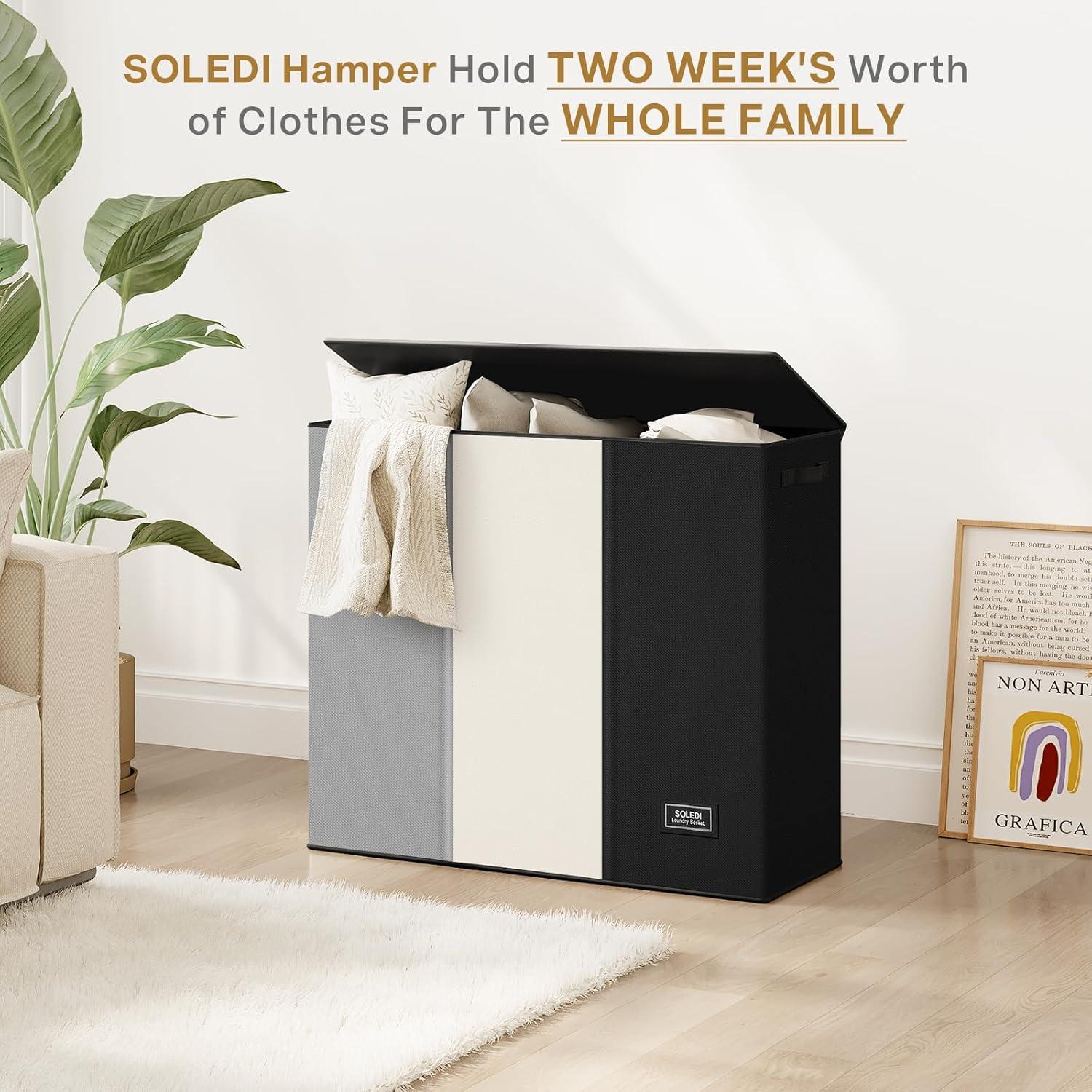 imageSOLEDI 180L Laundry Hamper 3 Section Extra Large Laundry Hamper with Lid Dirty Clothes Hamper with Sturdy Handle Large Laundry Basket Organizer for Laundry Room Bedroom Hampers for LaundryBlackWhiteGrey