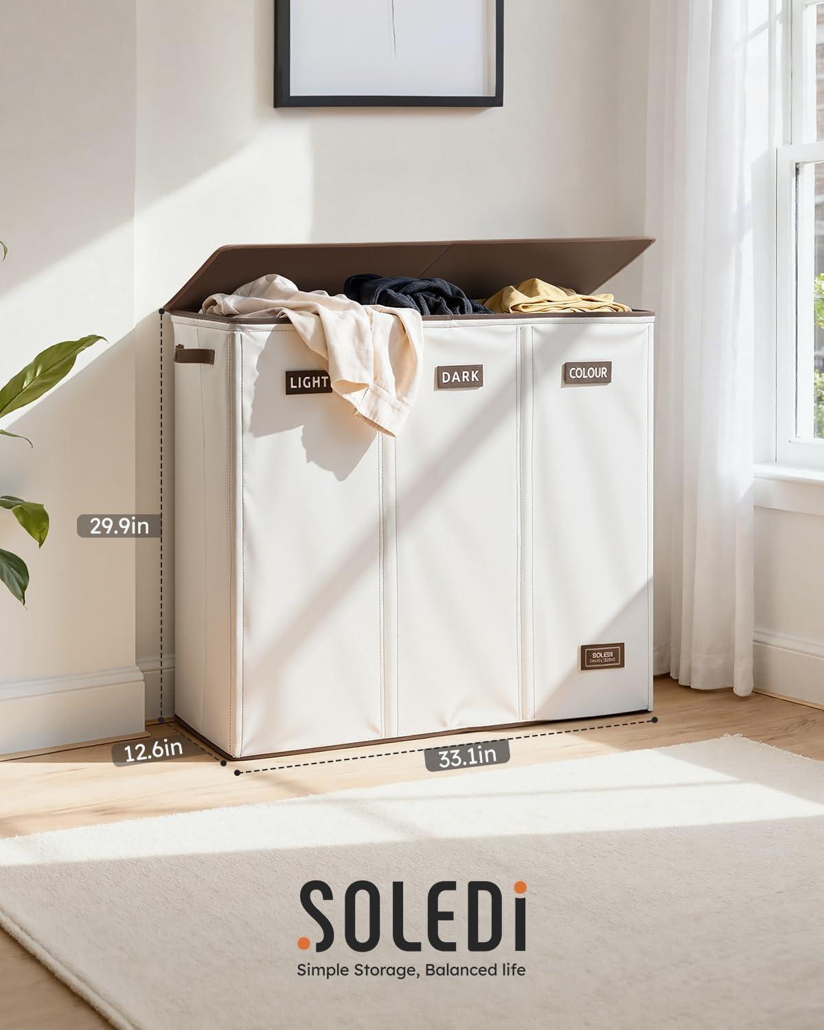 imageSOLEDI 180L Laundry Hamper 3 Section Extra Large Laundry Hamper with Lid Dirty Clothes Hamper with Sturdy Handle Large Laundry Basket Organizer for Laundry Room Bedroom Hampers for LaundryOffwhite