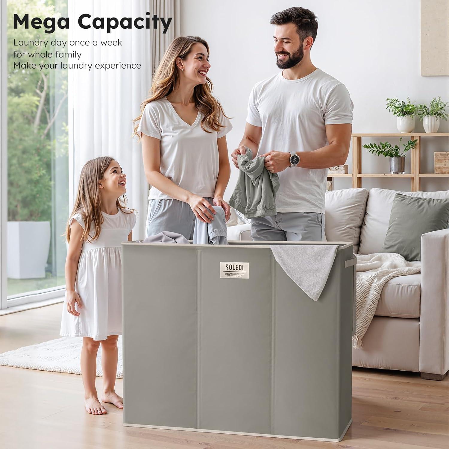 imageSOLEDI 180L Laundry Hamper 3 Section Extra Large Laundry Hamper with Lid Dirty Clothes Hamper with Sturdy Handle Large Laundry Basket Organizer for Laundry Room Bedroom Hampers for LaundryConcrete Gray