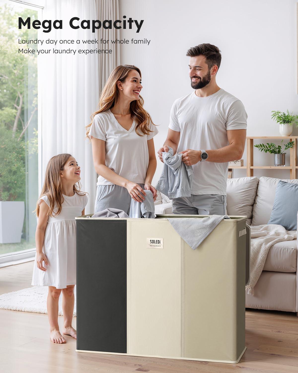 imageSOLEDI 180L Laundry Hamper 3 Section Extra Large Laundry Hamper with Lid Dirty Clothes Hamper with Sturdy Handle Large Laundry Basket Organizer for Laundry Room Bedroom Hampers for LaundryBlackWhiteMoon Grey