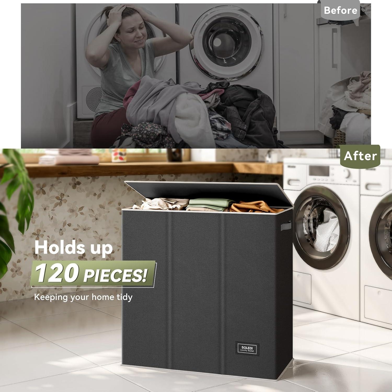 imageSOLEDI 180L Laundry Hamper 3 Section Extra Large Laundry Hamper with Lid Dirty Clothes Hamper with Sturdy Handle Large Laundry Basket Organizer for Laundry Room Bedroom Hampers for LaundryBlack