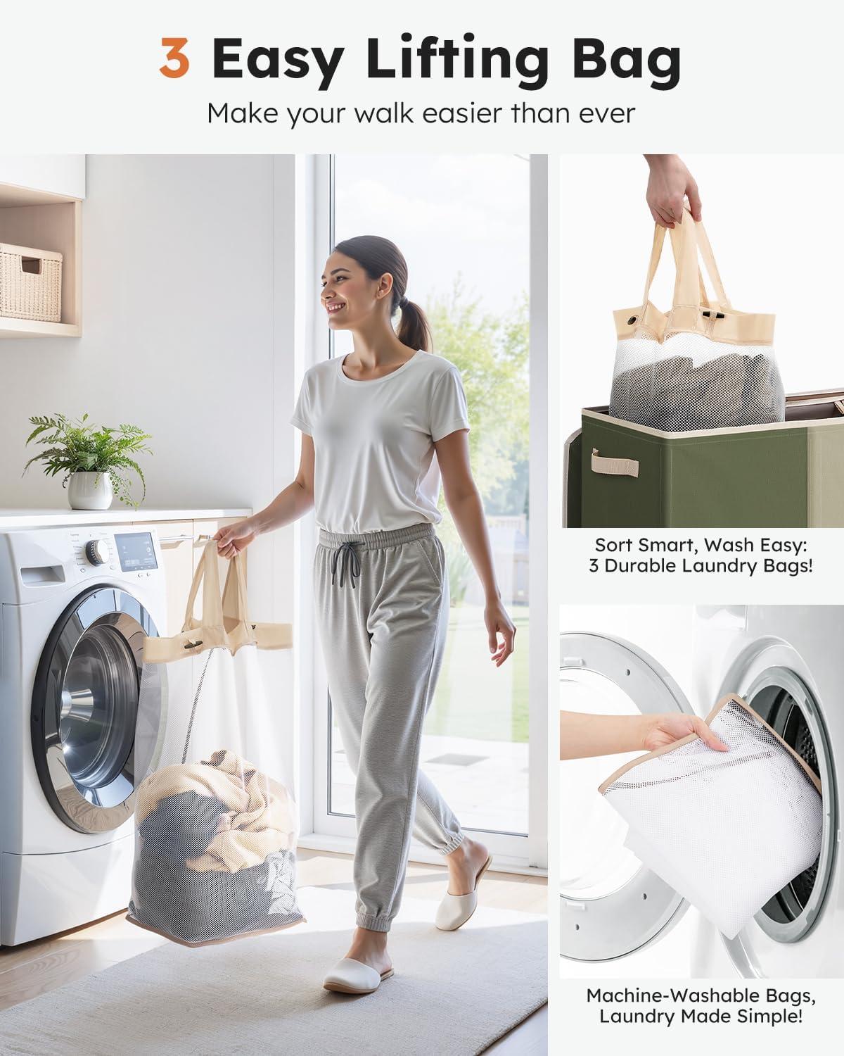 imageSOLEDI 180L Laundry Hamper 3 Section Extra Large Laundry Hamper with Lid Dirty Clothes Hamper with Sturdy Handle Large Laundry Basket Organizer for Laundry Room Bedroom Hampers for LaundryGreenGreyWhite