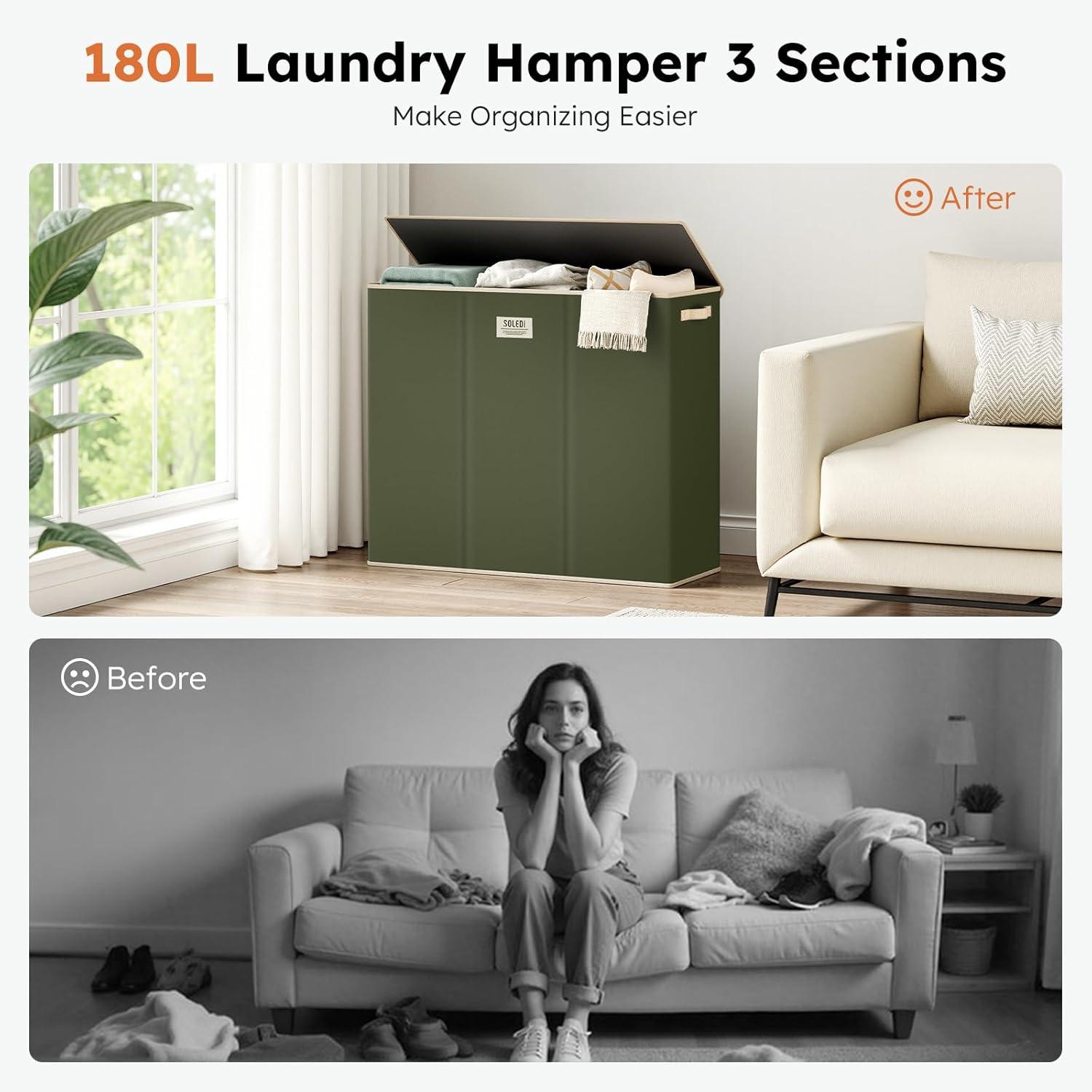 imageSOLEDI 180L Laundry Hamper 3 Section Extra Large Laundry Hamper with Lid Dirty Clothes Hamper with Sturdy Handle Large Laundry Basket Organizer for Laundry Room Bedroom Hampers for LaundryAvocado Green