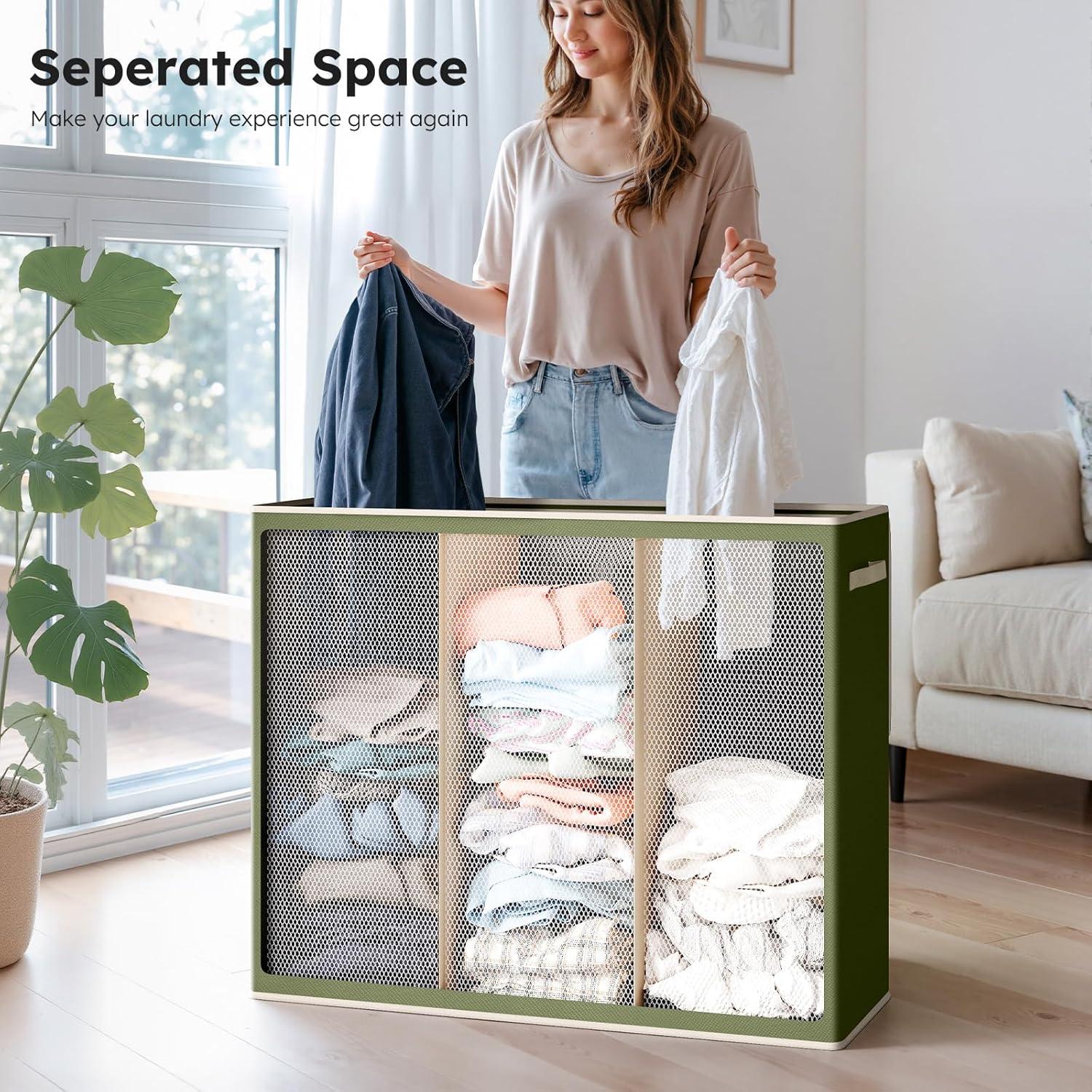 imageSOLEDI 180L Laundry Hamper 3 Section Extra Large Laundry Hamper with Lid Dirty Clothes Hamper with Sturdy Handle Large Laundry Basket Organizer for Laundry Room Bedroom Hampers for LaundryAvocado Green
