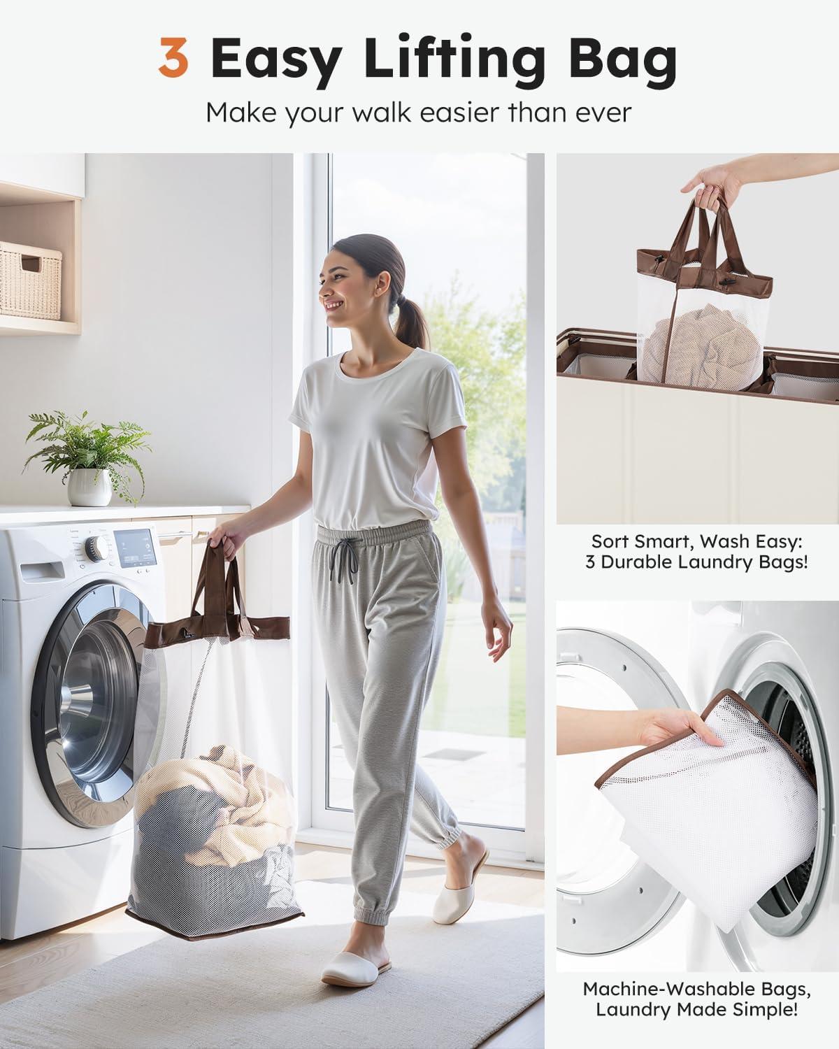 imageSOLEDI 180L Laundry Hamper 3 Section Extra Large Laundry Hamper with Lid Dirty Clothes Hamper with Sturdy Handle Large Laundry Basket Organizer for Laundry Room Bedroom Hampers for LaundryOffwhite
