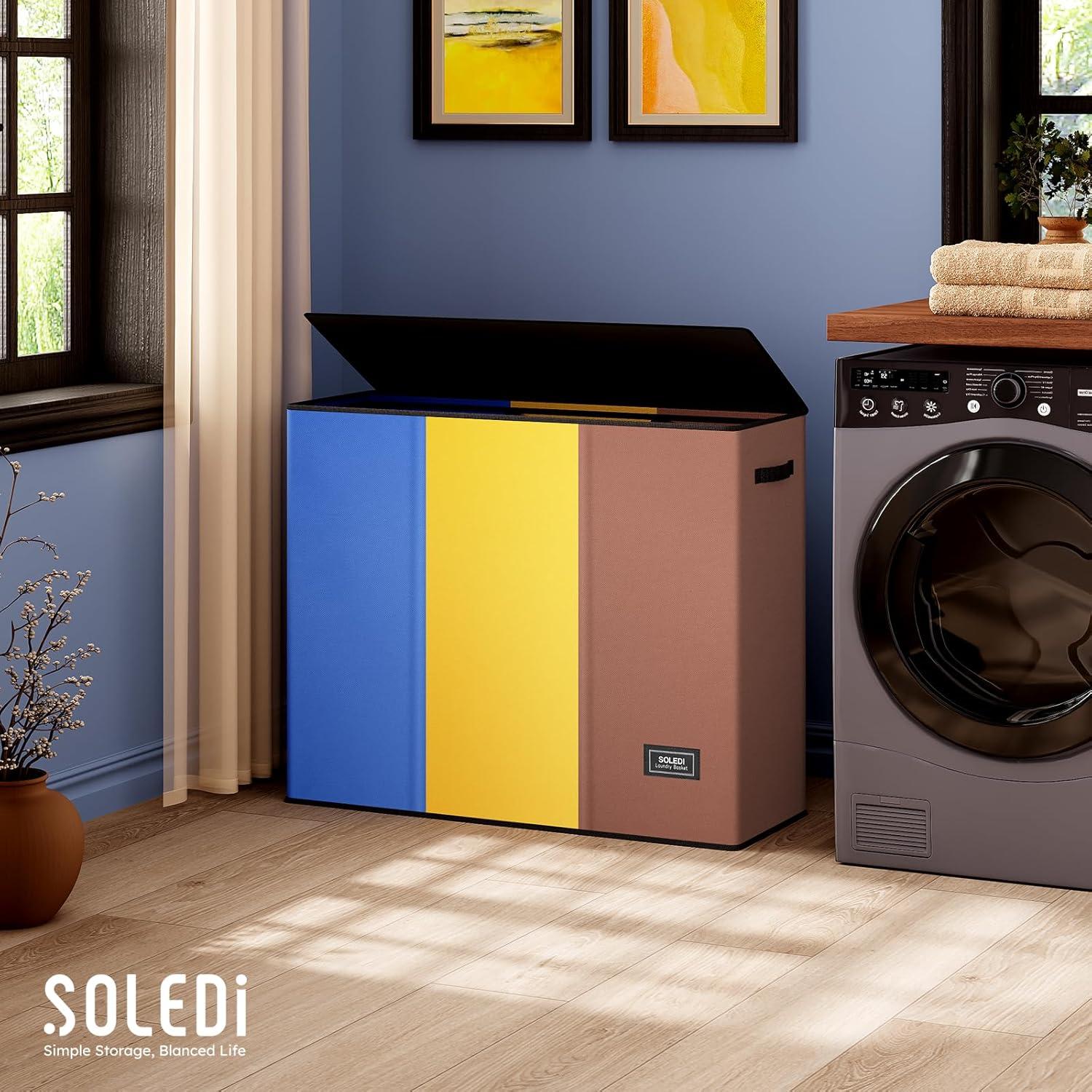 imageSOLEDI 180L Laundry Hamper 3 Section Extra Large Laundry Hamper with Lid Dirty Clothes Hamper with Sturdy Handle Large Laundry Basket Organizer for Laundry Room Bedroom Hampers for LaundryBlueYellowBrown