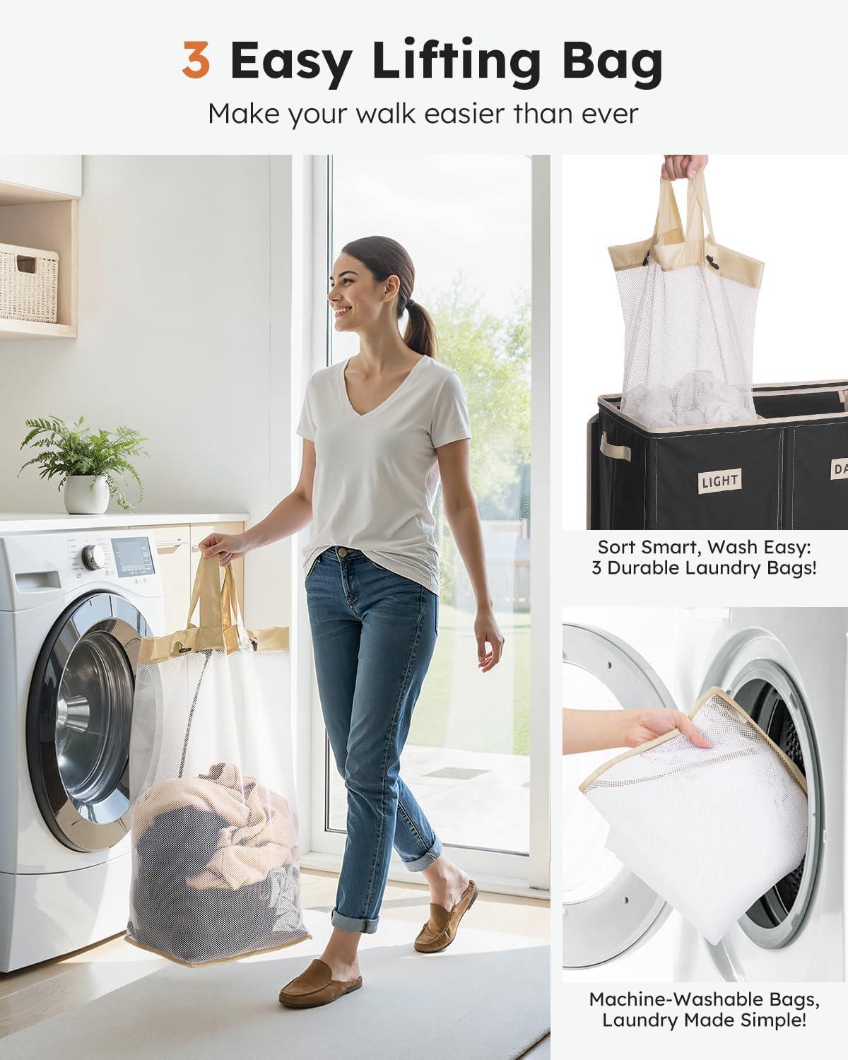imageSOLEDI 180L Laundry Hamper 3 Section Extra Large Laundry Hamper with Lid Dirty Clothes Hamper with Sturdy Handle Large Laundry Basket Organizer for Laundry Room Bedroom Hampers for LaundryBlack