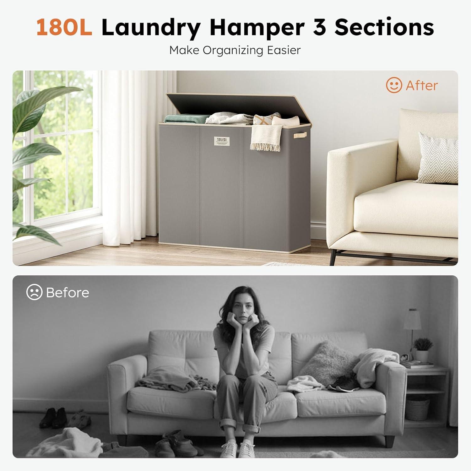 imageSOLEDI 180L Laundry Hamper 3 Section Extra Large Laundry Hamper with Lid Dirty Clothes Hamper with Sturdy Handle Large Laundry Basket Organizer for Laundry Room Bedroom Hampers for LaundryConcrete Gray