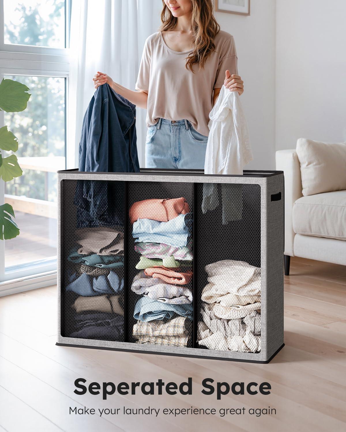imageSOLEDI 180L Laundry Hamper 3 Section Extra Large Laundry Hamper with Lid Dirty Clothes Hamper with Sturdy Handle Large Laundry Basket Organizer for Laundry Room Bedroom Hampers for LaundryGrey