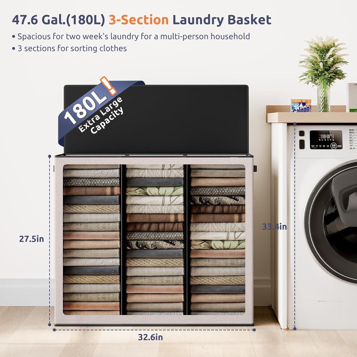 imageSOLEDI 180L Laundry Hamper 3 Section Extra Large Laundry Hamper with Lid Dirty Clothes Hamper with Sturdy Handle Large Laundry Basket Organizer for Laundry Room Bedroom Hampers for LaundryBeige