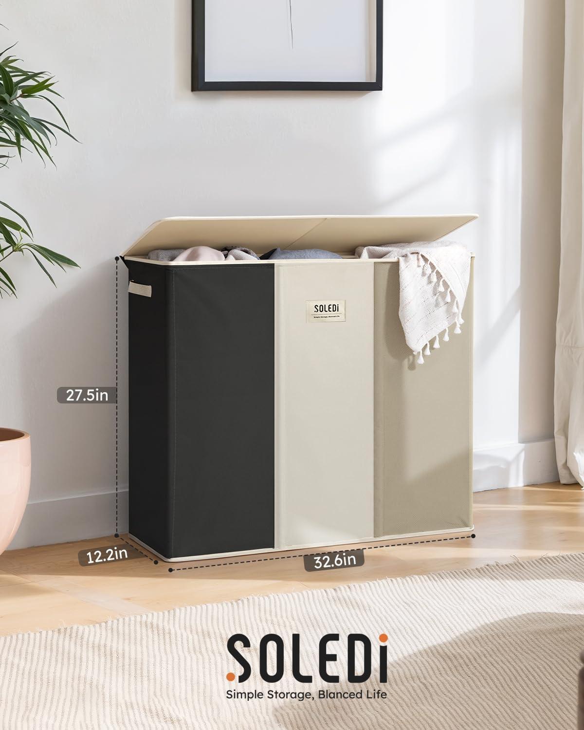 imageSOLEDI 180L Laundry Hamper 3 Section Extra Large Laundry Hamper with Lid Dirty Clothes Hamper with Sturdy Handle Large Laundry Basket Organizer for Laundry Room Bedroom Hampers for LaundryBlackWhiteMoon Grey