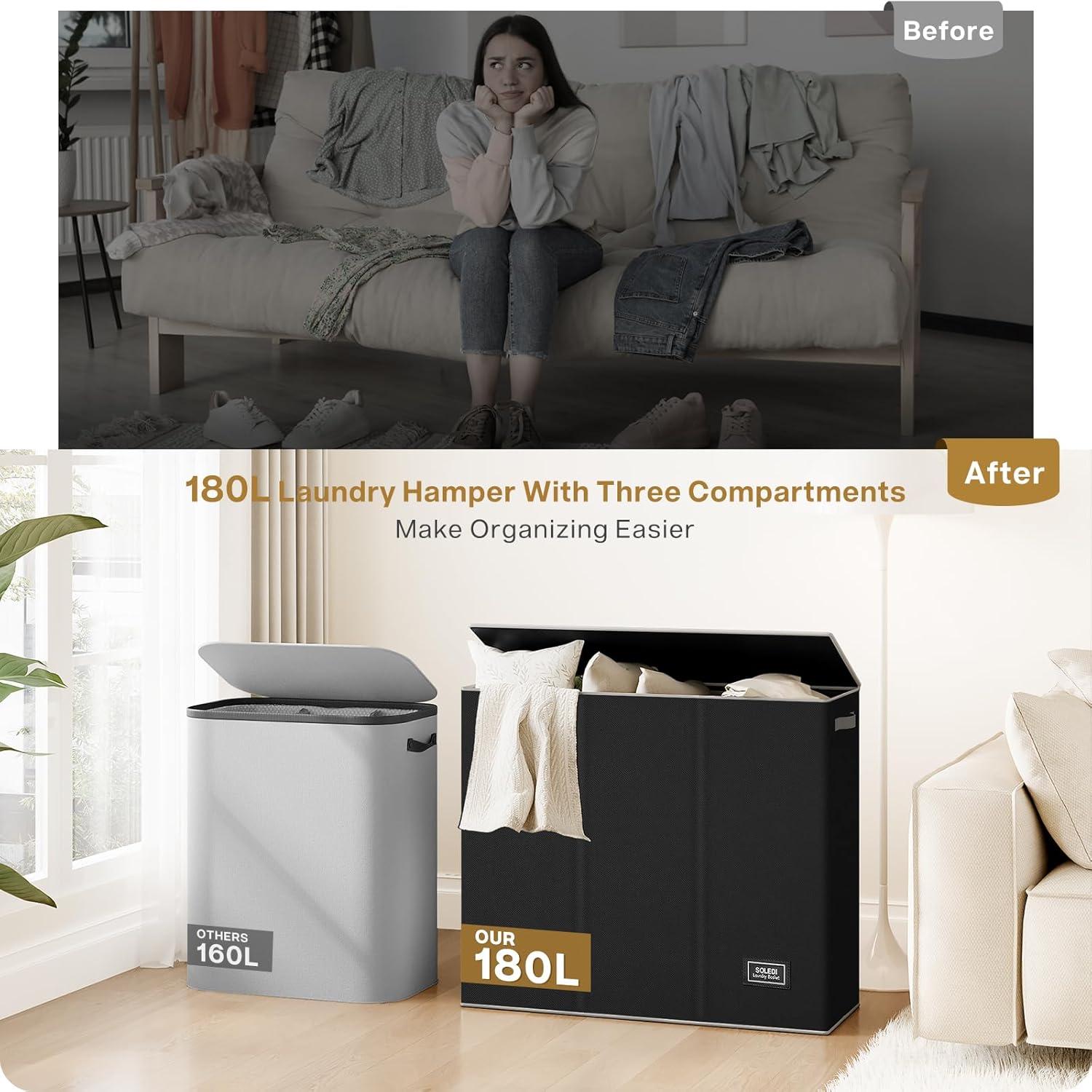 imageSOLEDI 180L Laundry Hamper 3 Section Extra Large Laundry Hamper with Lid Dirty Clothes Hamper with Sturdy Handle Large Laundry Basket Organizer for Laundry Room Bedroom Hampers for LaundryBlack