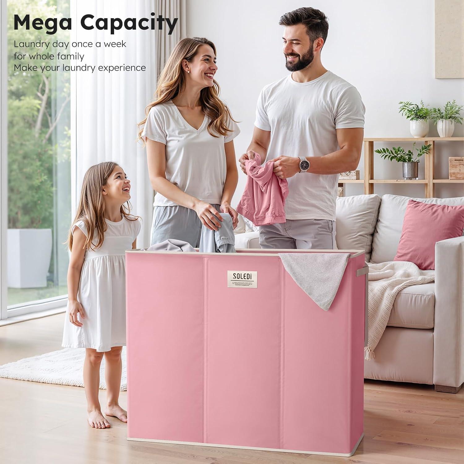 imageSOLEDI 180L Laundry Hamper 3 Section Extra Large Laundry Hamper with Lid Dirty Clothes Hamper with Sturdy Handle Large Laundry Basket Organizer for Laundry Room Bedroom Hampers for LaundryStrawberry Milkshake Pink