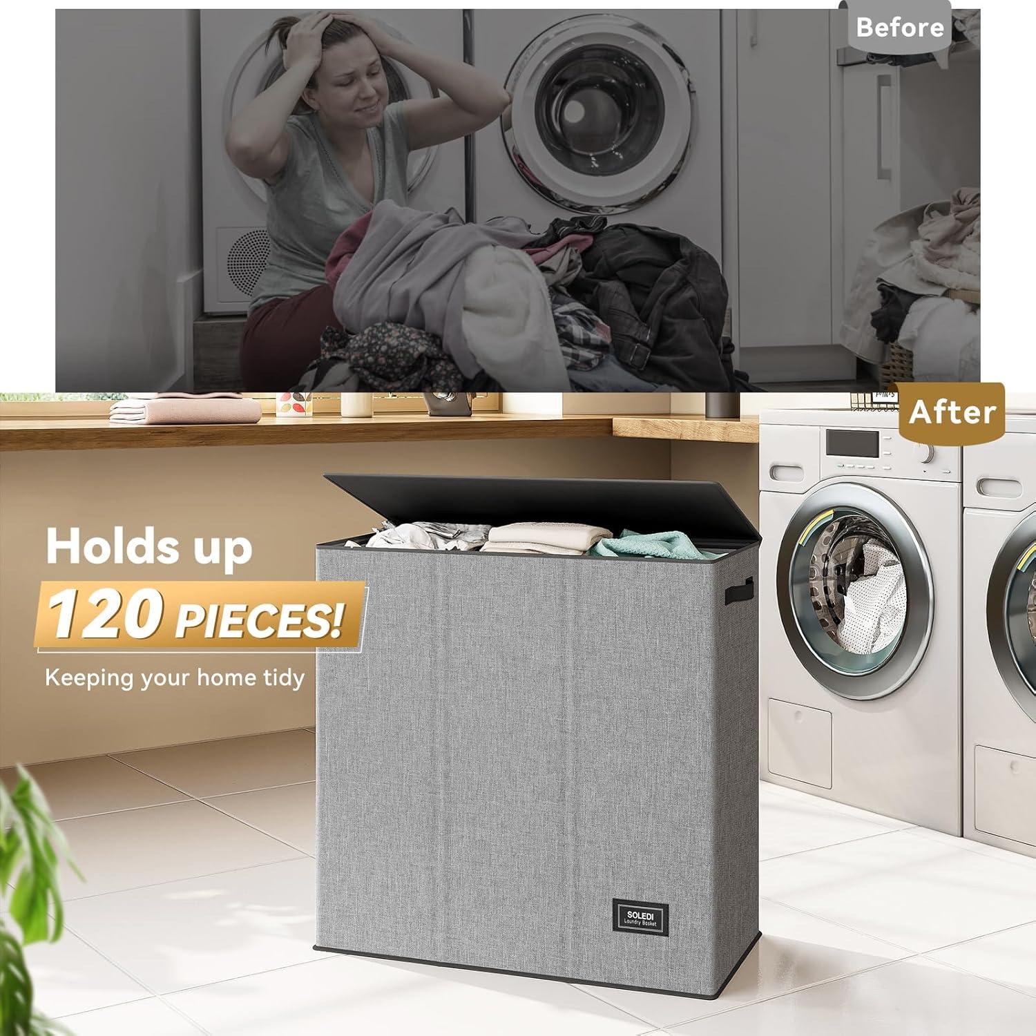 imageSOLEDI 180L Laundry Hamper 3 Section Extra Large Laundry Hamper with Lid Dirty Clothes Hamper with Sturdy Handle Large Laundry Basket Organizer for Laundry Room Bedroom Hampers for LaundryGrey